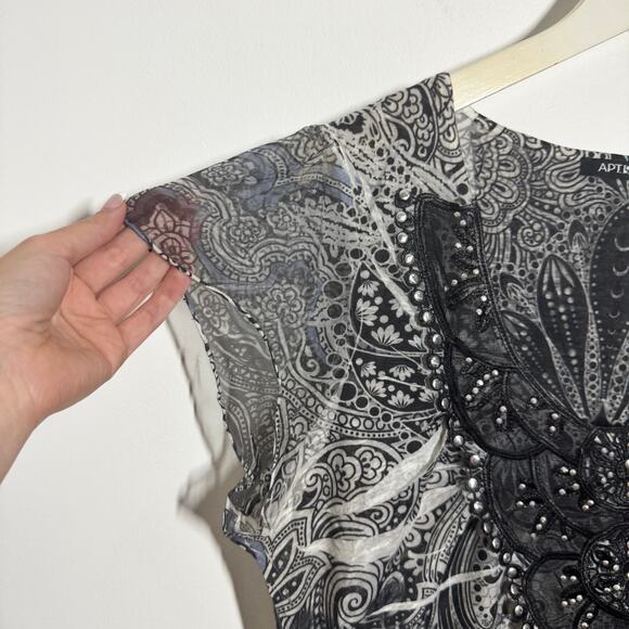 Apt 9 Top Women L Black White Y2K Bedazzled Grunge Emo Boho Sheer Cap Sleeve - Picture 7 of 8